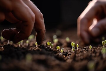Planting plants on a vegetable bed in the garden. Cultivated land close up. Gardening concept. Agriculture plants growing in bed row. Close-up of human hands. Generative AI