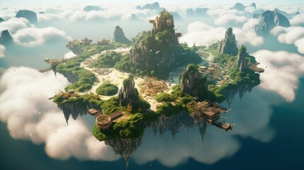 Breathtaking aerial view of a cluster of floating islands suspended high above the clouds. Populate these lands with fantastical structures, lush landscapes