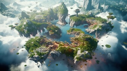 Breathtaking aerial view of a cluster of floating islands suspended high above the clouds. Populate these lands with fantastical structures, lush landscapes