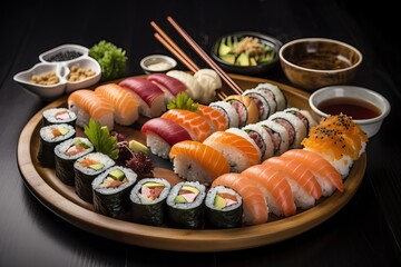 Japanese food concept. Catering, various kinds of sushi rolls set on the round plate. Table in the background. Sushi platter with various rolls, toppings. Side view. Generative AI
