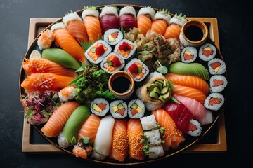Japanese food concept. Catering, various kinds of sushi rolls set on the round plate. Table in the background. Sushi platter with various rolls, toppings. Top view. Generative AI