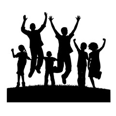 people in the park.Silhouette of children's jump on the grass. Happy expression