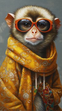 Painting of a monkey wearing glasses. Cute monkey in a yellow silk cloak. Nice, modern, classic outfit. Absolutely adorable character. Generative AI 