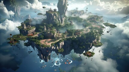 Breathtaking aerial view of a cluster of floating islands suspended high above the clouds. Populate these lands with fantastical structures, lush landscapes