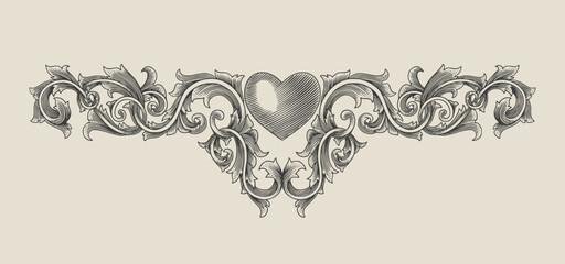 heart with floral ornament, Vintage engraving drawing style, antique design vector illustration
