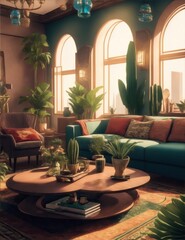 Home interior of a mexican house, living room, day scene with windows and plants
