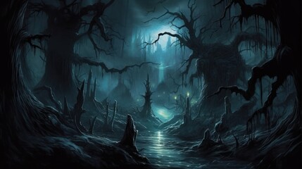 Dark and eerie scene depicting an underworld realm, where ethereal spirits, wicked creatures, and mysterious specters dwell. Use shadowy lighting and haunting colors to evoke a sense of foreboding