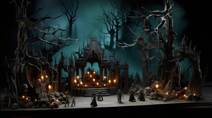 Dark and eerie scene depicting an underworld realm, where ethereal spirits, wicked creatures, and mysterious specters dwell. Use shadowy lighting and haunting colors to evoke a sense of foreboding