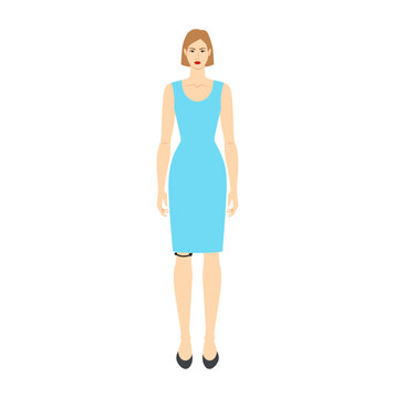 Women to do knee measurement body with arrows fashion Illustration for size chart. Flat female character front 8 head size girl in blue dress. Human lady infographic template for clothes