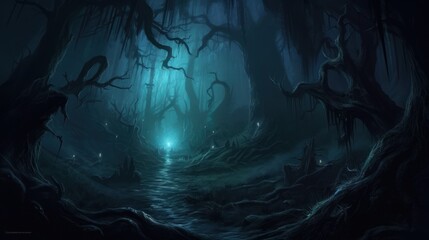 Dark and eerie scene depicting an underworld realm, where ethereal spirits, wicked creatures, and mysterious specters dwell. Use shadowy lighting and haunting colors to evoke a sense of foreboding