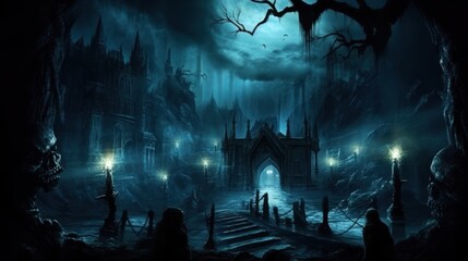 Dark and eerie scene depicting an underworld realm, where ethereal spirits, wicked creatures, and mysterious specters dwell. Use shadowy lighting and haunting colors to evoke a sense of foreboding