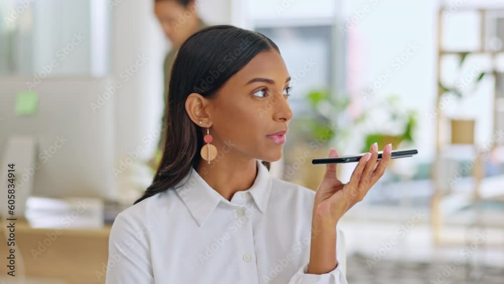 Poster voice notes, audio and business woman with a phone talking about a work schedule and networking. pla
