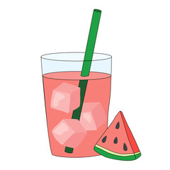 Watermelon juice or smoothie with ice in glass with straw, piece of watermelon near glass, vector