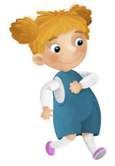 cartoon scene with young girl having fun playing leisure free time walking running isolated illustration for kids