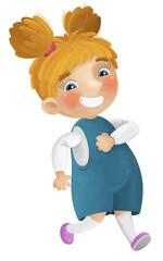 cartoon scene with young girl having fun playing leisure free time walking running isolated illustration for kids