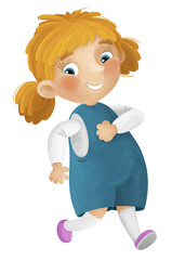 cartoon scene with young girl having fun playing leisure free time walking running isolated illustration for kids