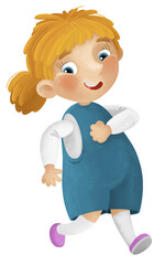 cartoon scene with young girl having fun playing leisure free time walking running isolated illustration for kids