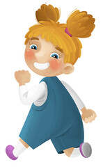 cartoon scene with young girl having fun playing leisure free time walking running isolated illustration for kids