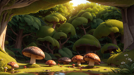 Mushroom Oasis: Unveiling the Serene Majesty of a Lush Jungle's Natural Paradise Series - Generative AI
