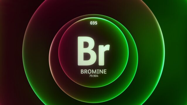 Bromine as Element 35 of the Periodic Table. Concept illustration on abstract green red gradient rings seamless loop background. Title design for science content and infographic showcase display.