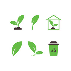 Ecology Vector Flat Icon Set with Leaf and Soil, Recycling Bin, Eco House on White Background. Bio and Organic, Vegan.