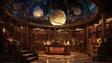 Obraz premium Envision an ancient library of immeasurable knowledge, filled with towering bookshelves, mysterious tomes, and celestial globes. Convey a sense of wisdom, reverence, and the allure of hidden knowledge