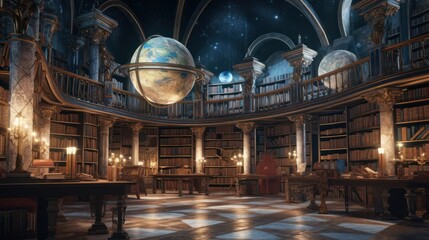 Envision an ancient library of immeasurable knowledge, filled with towering bookshelves, mysterious tomes, and celestial globes. Convey a sense of wisdom, reverence, and the allure of hidden knowledge - obrazy, fototapety, plakaty