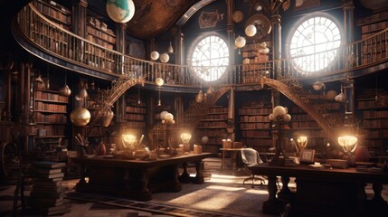 Obraz premium Envision an ancient library of immeasurable knowledge, filled with towering bookshelves, mysterious tomes, and celestial globes. Convey a sense of wisdom, reverence, and the allure of hidden knowledge