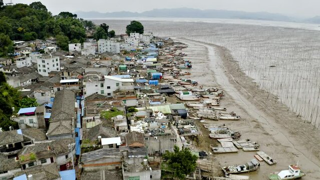 Aerial shot of small fishing town on the coast of Xiapu County in China. The bamboo poles are for drying seaweed.