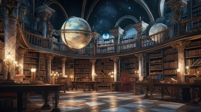 Envision an ancient library of immeasurable knowledge, filled with towering bookshelves, mysterious tomes, and celestial globes. Convey a sense of wisdom, reverence, and the allure of hidden knowledge