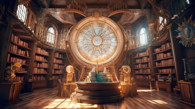 Envision an ancient library of immeasurable knowledge, filled with towering bookshelves, mysterious tomes, and celestial globes. Convey a sense of wisdom, reverence, and the allure of hidden knowledge
