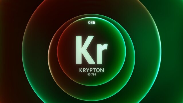 Krypton as Element 36 of the Periodic Table. Concept illustration on abstract green red gradient rings seamless loop background. Title design for science content and infographic showcase display.