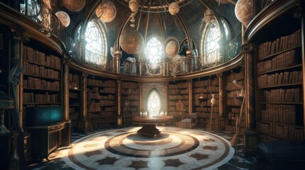 Obraz premium Envision an ancient library of immeasurable knowledge, filled with towering bookshelves, mysterious tomes, and celestial globes. Convey a sense of wisdom, reverence, and the allure of hidden knowledge