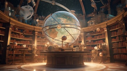 Envision an ancient library of immeasurable knowledge, filled with towering bookshelves, mysterious tomes, and celestial globes. Convey a sense of wisdom, reverence, and the allure of hidden knowledge