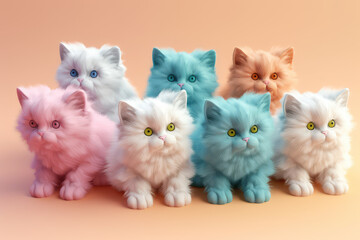 Lots of cute cats with colored hair in pastel colors. Isolated on a orange background. Unusual contemporary art style wallpaper, lots of fluffy cats. Generative AI 3d render imitation.