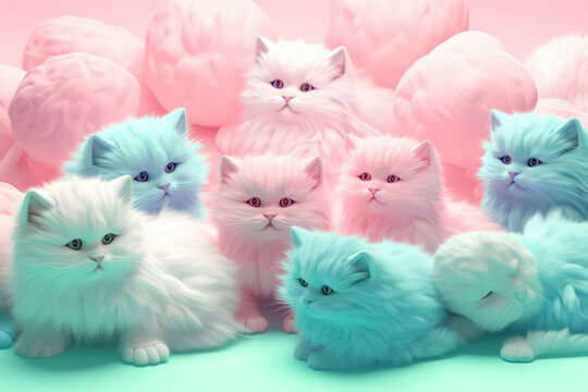 Lots of cute cats with colored hair in pastel colors. Isolated on a cloudy background. Unusual contemporary art style wallpaper, lots of fluffy cats. Generative AI 3d render imitation.