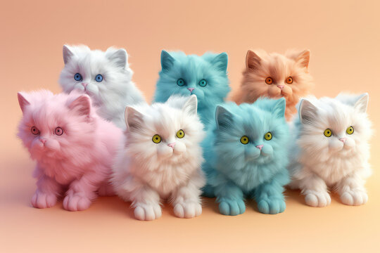 Lots of cute cats with colored hair in pastel colors. Isolated on a orange background. Unusual contemporary art style wallpaper, lots of fluffy cats. Generative AI 3d render imitation.