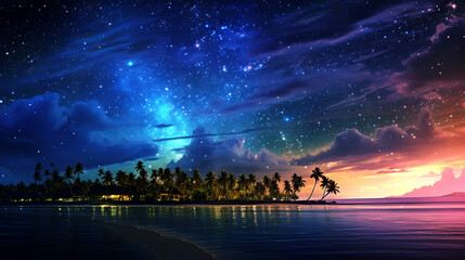 Naklejka na ściany i meble Sunset Dreams: Magical Islands Adorned with Blue Starlight at Twilight