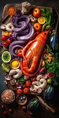 Fresh fish and seafood and vegetables colorful arrangement composition. AI generative illustration.