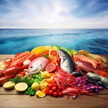 Fresh fish and seafood and vegetables colorful arrangement composition. AI generative illustration.