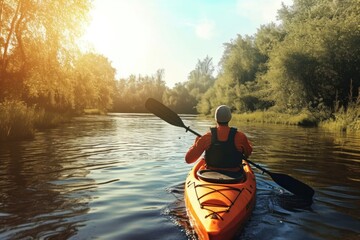 A person enjoying kayaking in the river trough the beautiful nature scene.  Generative AI - obrazy, fototapety, plakaty