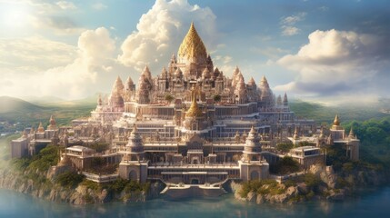 Obraz premium Majestic floating citadel, a magnificent fortress suspended in the sky by unknown forces. Show the intricate architecture, grand halls, and bustling life within, as well as the breathtaking view from 