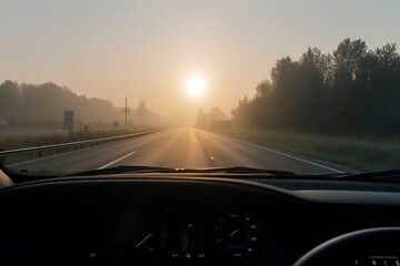 illustration, driving early on the empty road in the morning, ai generative