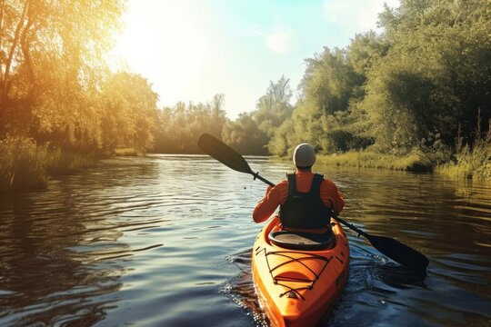 A person enjoying kayaking in the river trough the beautiful nature scene.  Generative AI