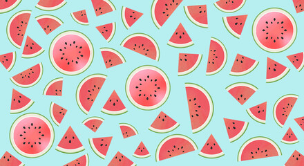 illustrated wallpaper of watermelon slices on blue background, Tropical sliced fruit for summer PNG