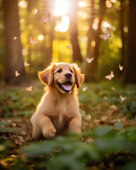 Golden retriever puppy watching butterflies