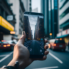 A close-up view of a person's hand holding a smartphone displaying a futuristic augmented reality interface