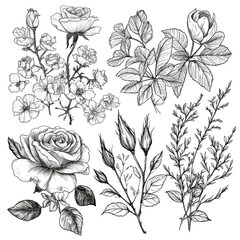 set of floral doodle with rose flower leaves and branch