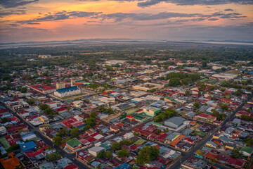Fototapeta na wymiar Aerial View of Liberia, Costa Rica at Dusk or Dawn.