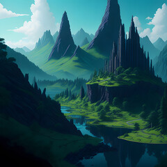 An artistic rendering of a majestic natural landscape with a modern twist